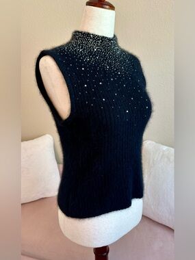VTG Adrianna Papell Sleeveless Angora Sweater Black Beaded Crystal Mock M Soft